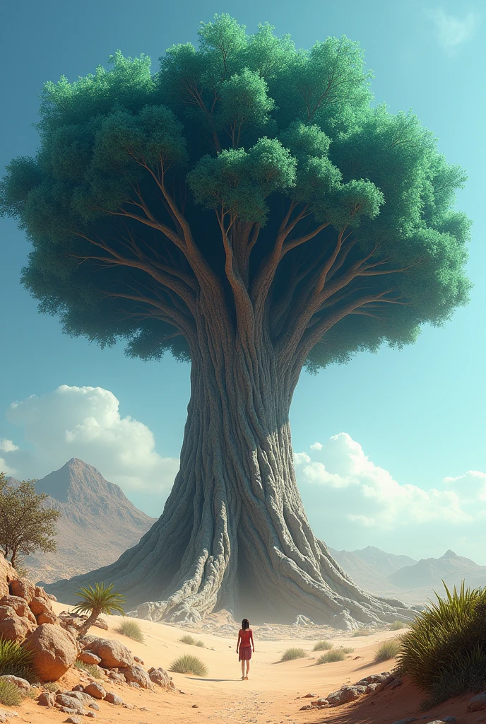 (giant tree, pre-flood, Prehistoric, bigger than mountains, 5km tall tree with a canopy of giant blue leaves, Full HD, 4K, PICTURE REALISTIC, real-life, in the middle of the desert, hot tropical climate