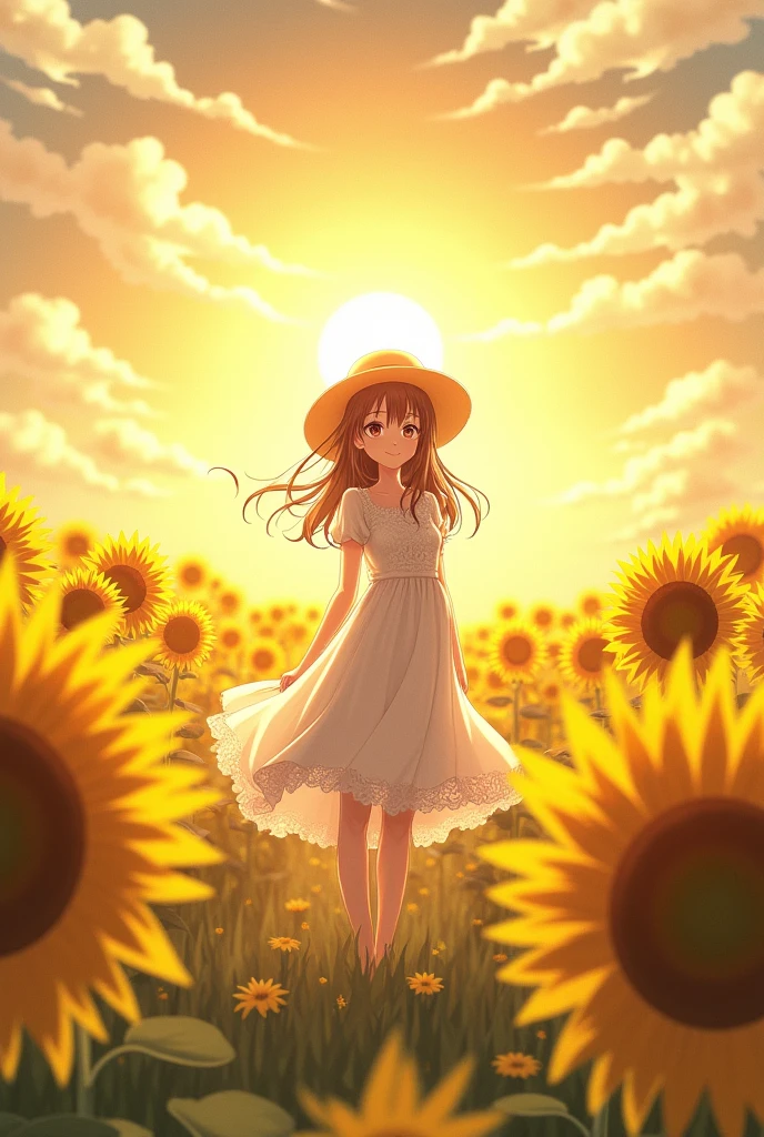 Fuwa Aika,1 girl,standing alone, (White lace dress:1.2),flowing dress (sun visor hat:1.2), Sunflower Field, A luz solar, drlight smile,looking ahead at viewer, Tuuli, dynamic, strong light and shadow,dynamic pose,
