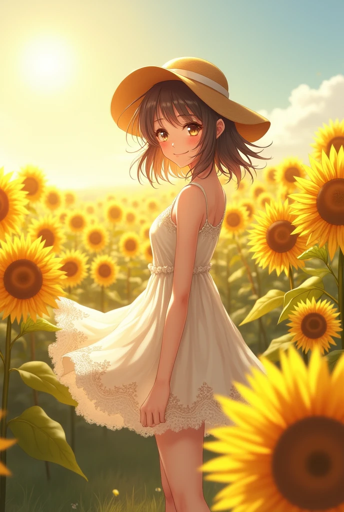 Fuwa Aika,1 girl,standing alone, (White lace dress:1.2),flowing dress (sun visor hat:1.2), Sunflower Field, A luz solar, drlight smile,looking ahead at viewer, Tuuli, dynamic, strong light and shadow,dynamic pose,