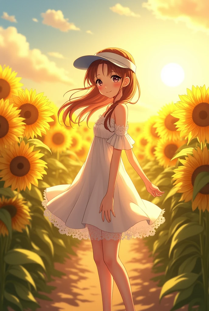 Fuwa Aika,1 girl,standing alone, (White lace dress:1.2),flowing dress (sun visor hat:1.2), Sunflower Field, A luz solar, drlight smile,looking ahead at viewer, Tuuli, dynamic, strong light and shadow,dynamic pose,