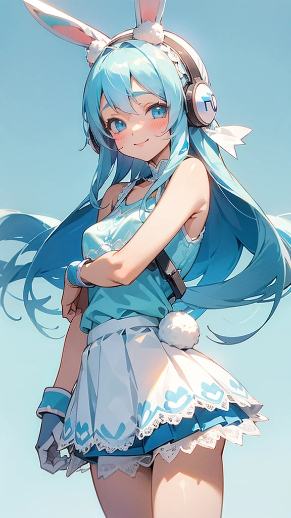 Cute age girl, long blue hair, light pastel blue soft kawaii lace tank top, pastel light blue skirt, blue elegant bunny hat, white ear muffs, smile, kawaii background, High Resolution, Anatomically Correct,