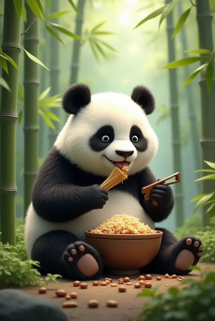 A panda eating beans and rice