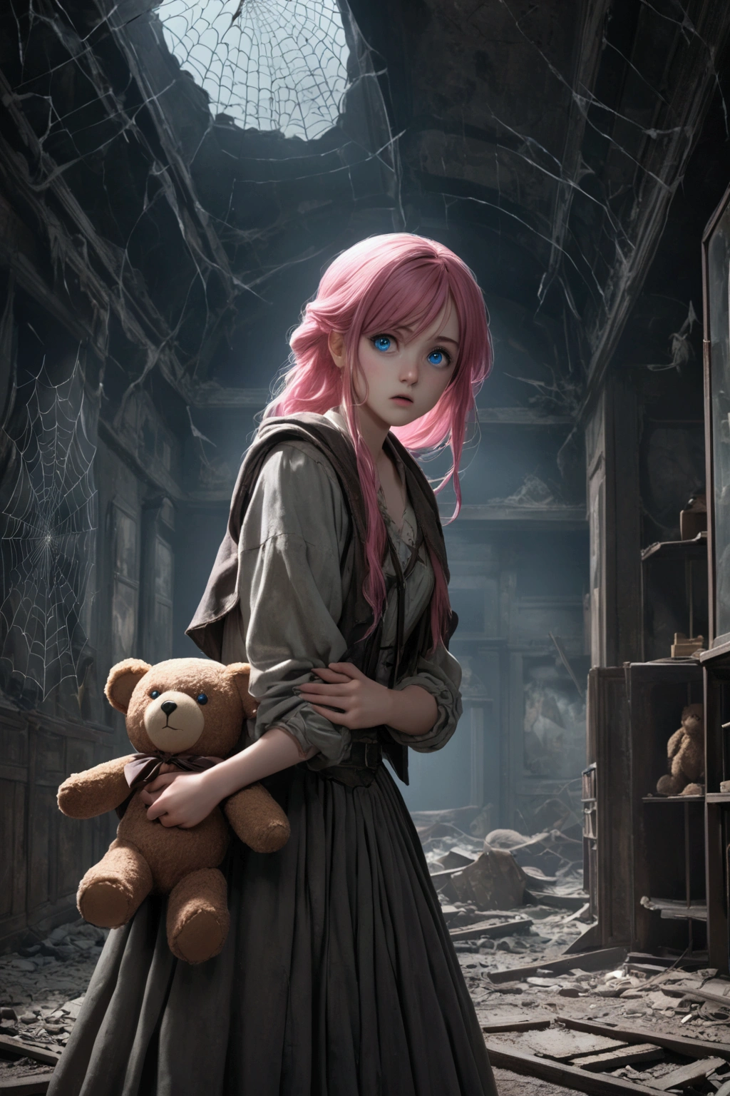 1 girl, pink hair, blue eyes, (Cowboy_shooting:1.2), facial focus, by the wide, side locks, scared,(scared:1.1) Expression, holding teddy bear, atmospheric lighting, moody, darkness, in an old abandoned museum, Clear glass display cases filled with interesting objects, dusty, after the apocalypse, Spider webs, Magnificent, Beautiful 8k wallpaper, extremely detailed, Intricate