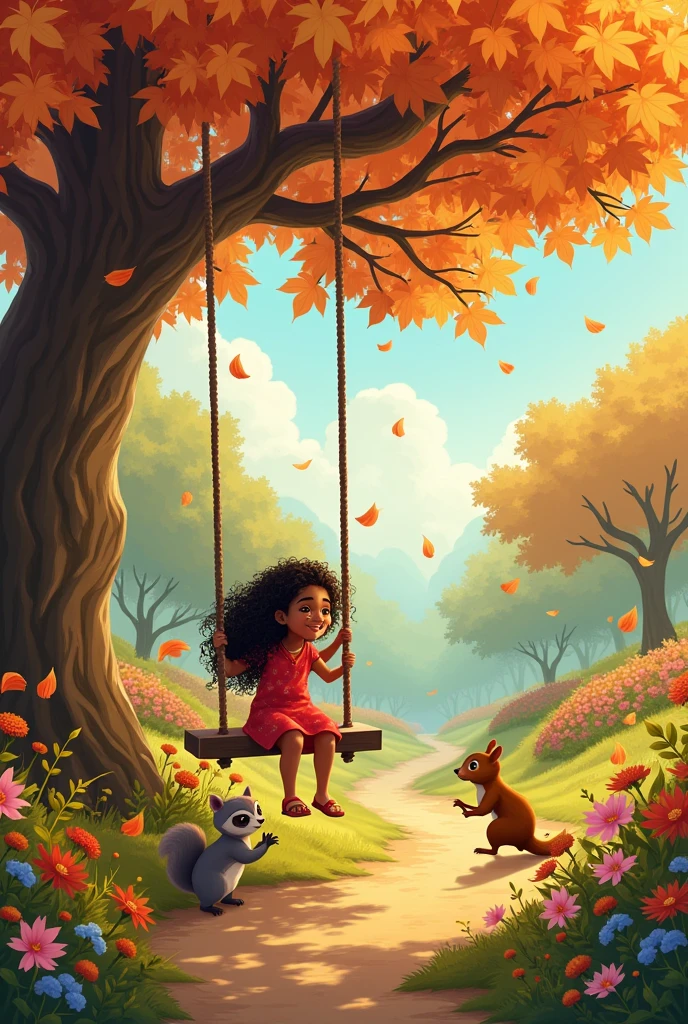 beautiful big garden in autumn leaves flying,A Tree Swing,various animals, squirrel, raccoon,an Indian girl with curly hair on the swing playing, flowers along the dirt road,large image high resolution ,width twice as large as height