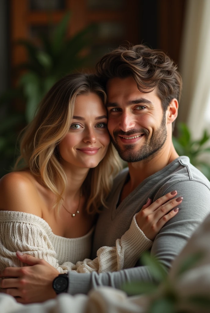 (Photorealism:1.1) a couple man dark brown hair and brown eyes together with a woman blonde green eyes long hair in home 8k ultra realistic super detailed