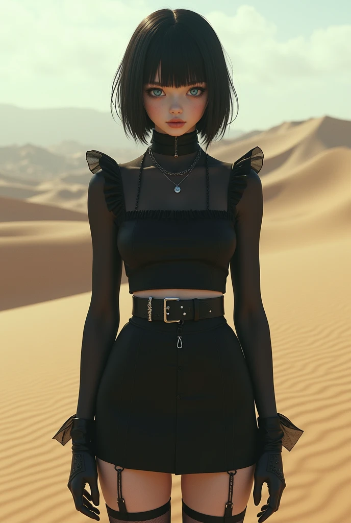 Goth girl Ree sand black short hair blue eyes black outfit short skirt black and white stalkings 
