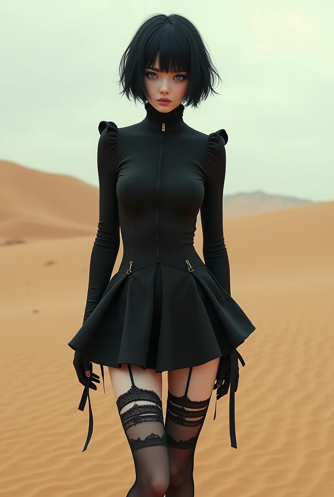 Goth girl Ree sand black short hair blue eyes black outfit short skirt black and white stalkings
