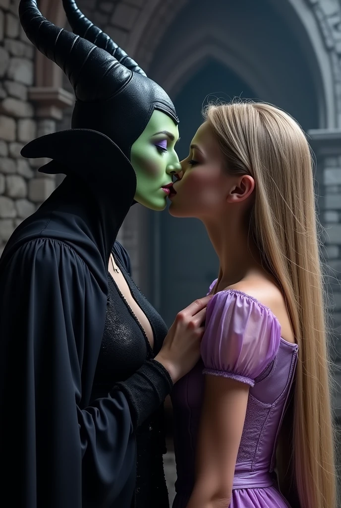 A stunning closeup portrait of Maleficent, she is kissing Rapunzel, she is fertile and wants to breed, location is dungeon interior, purple and green light, exposed breasts, powerful, pale eyes, Rapunzel is young and beautiful with long blonde hair to her feet, Maleficent is clutching Rapunzel’s neck, touching her breast, Rapunzel is nearly nude,