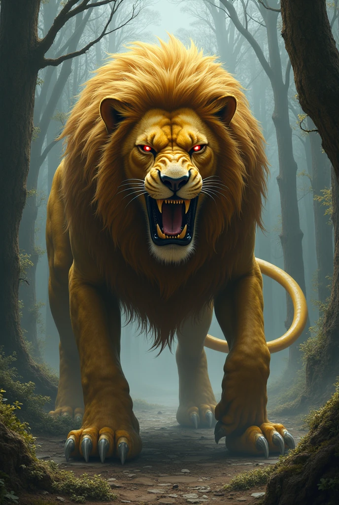 Create an image of a manticore from Greek mythology. The creature must have the body of a mighty lion, covered in a golden coat, with muscular legs and sharp claws and LARGE WINGS LIKE A GRIFFIN'S. The head should resemble that of a fierce human, with sharp teeth and a wild mane that blends in with the lion's fur. Your eyes should glow red, with a predatory look. The tail should be long and snake-like., ending in a venomous scorpion sting. The setting should be an ancient, dark forest., with a mystical and frightening atmosphere in an ancient Greek building