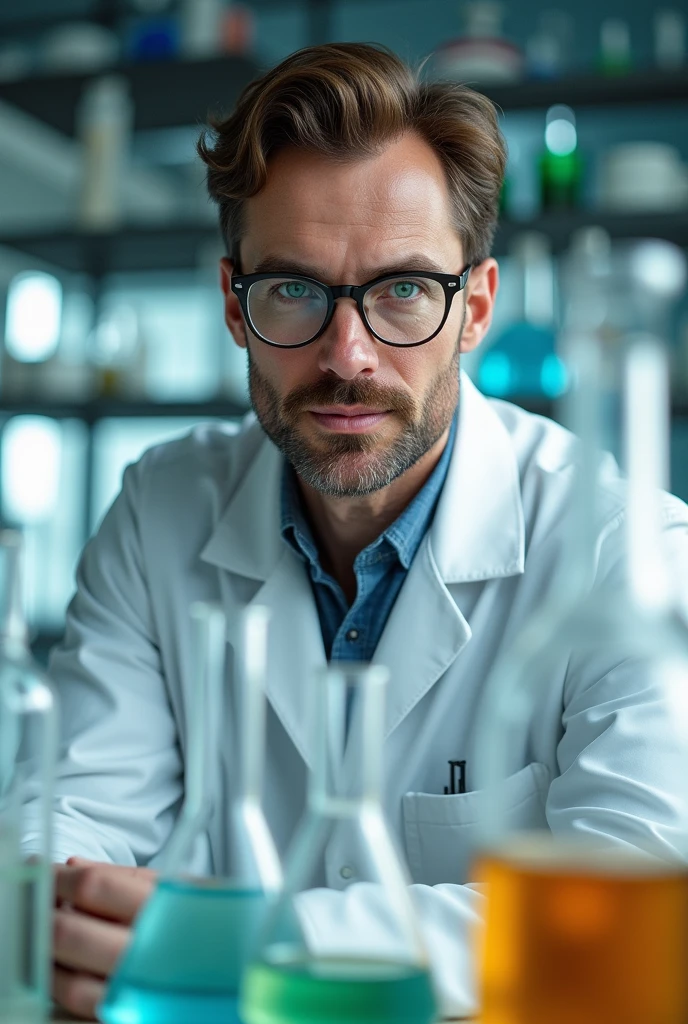 Tall brown haired man with green eyes wearing a white lab coat and test tubes also clear glasses