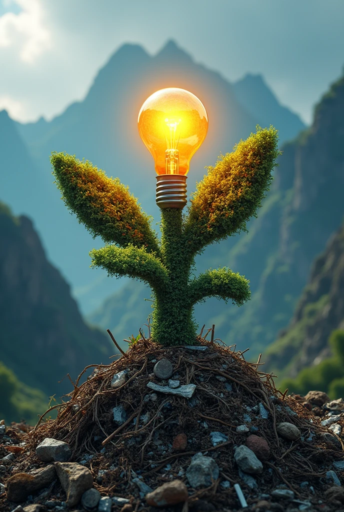 Make a logo like the following one: a plant made of garbage and with a light bulb growing between some mountains or mountains of garbage