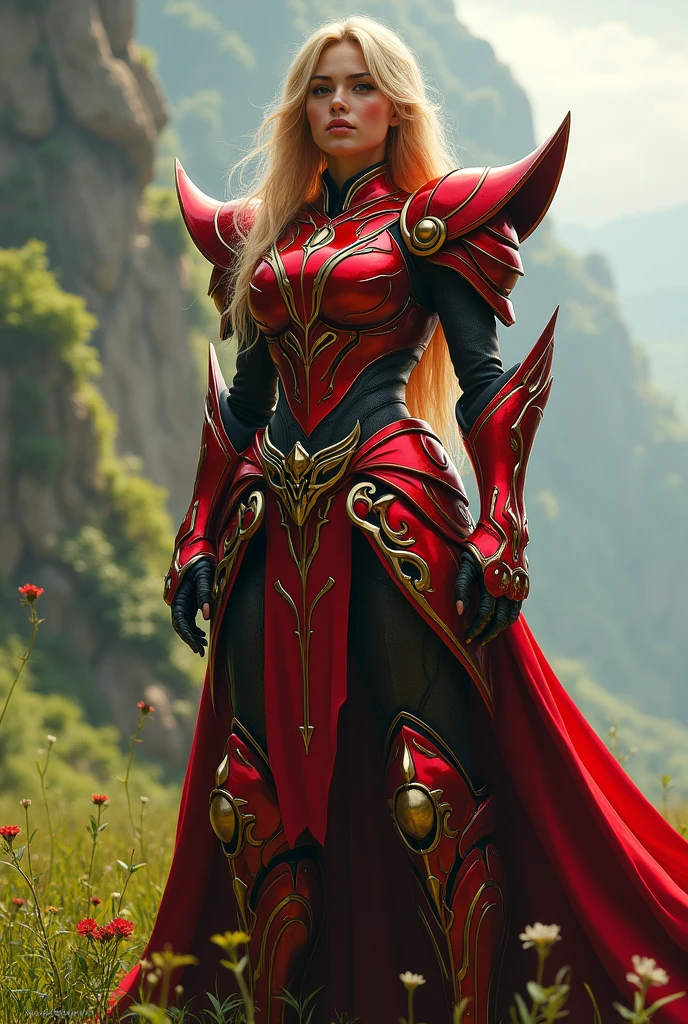 (1girl), realistic Photo, wearing a heavy knight armor, dark armor, intricate red and gold armor details, intricate beautiful green fields, legendary, futuristic, saint seiya, long goldblonde hair, muscular, power pose, highly detailed background, fire in the eyes, aura power, highly detailed