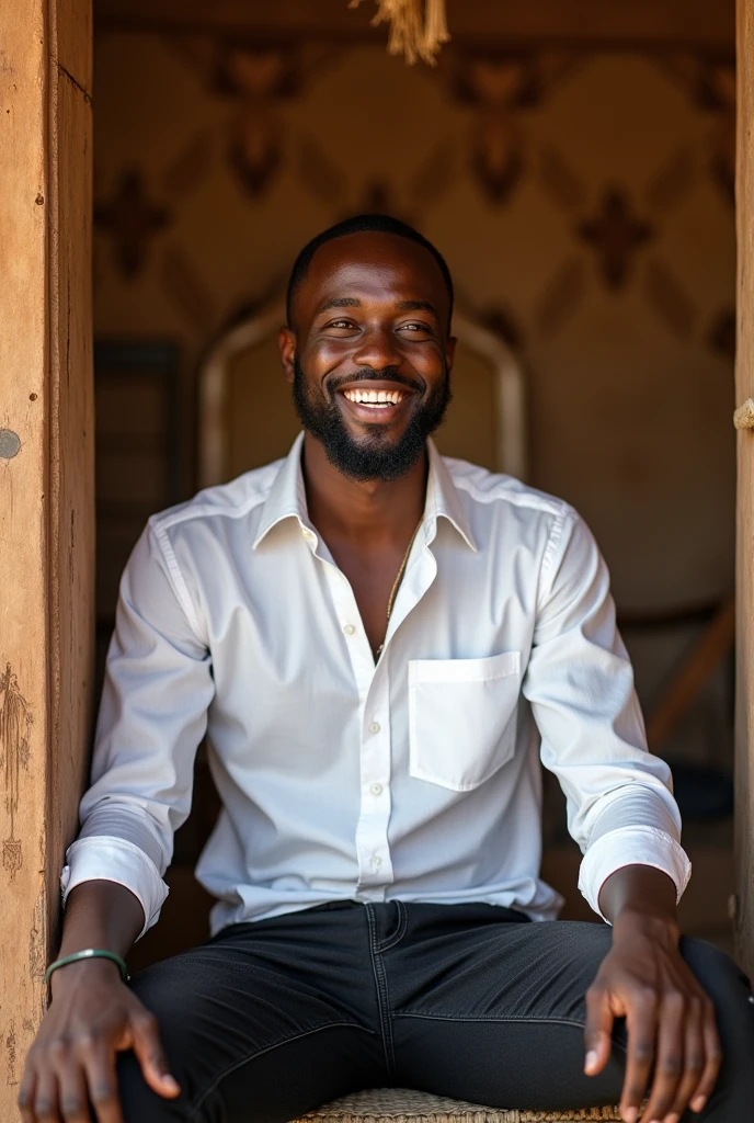 Black man. Brown skin. Smiling. Dressed in white shirt and  black jeans. Sitting in an African village styled home. Ultra high quality