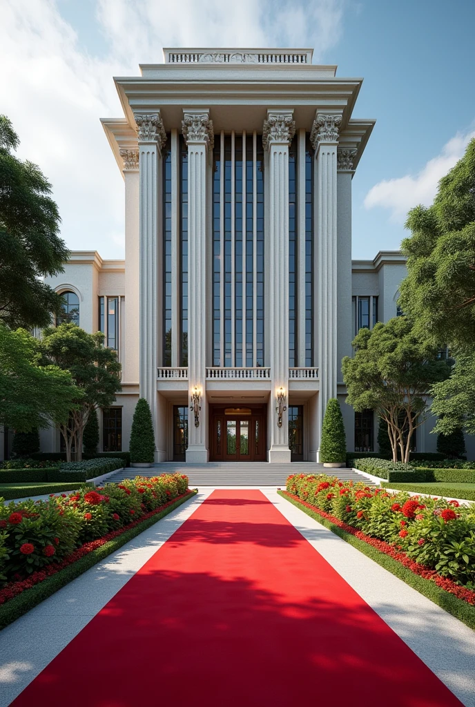 A luxurious, presidential standard company headquarters with the name NEXUS(CEO) on it and red carpet on entrance with Singaporean and America architecture,grass, flowers and on it's own space and compound where is the name NEXUS (CEO) can't see the words I want it more bold and exquisite where are the writing make it long on both left and right give full view and the extension let it be alone on it's big compound