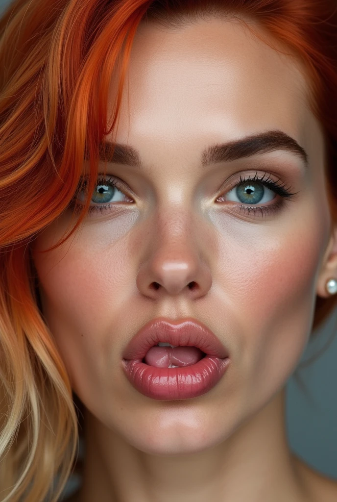 Please create a portrait photo of Scarlett Johansson with bright hair. In the photo, have her lips form a shape similar to the number "8," as if she's making a "fish lips" or "duck face" expression. She should be sucking in her cheeks slightly to enhance the effect of her lips taking on the shape of an "8."