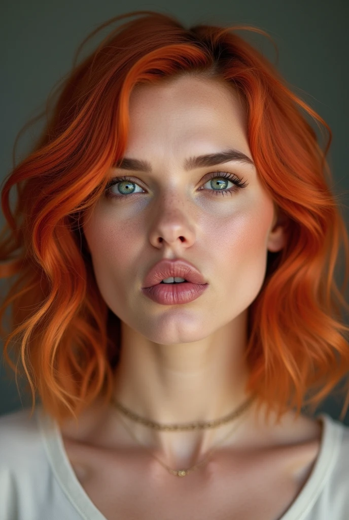 Please create a portrait photo of Scarlett Johansson with bright hair. In the photo, have her lips form a shape similar to the number "8," as if she's making a "fish lips" or "duck face" expression. She should be sucking in her cheeks slightly to enhance the effect of her lips taking on the shape of an "8."