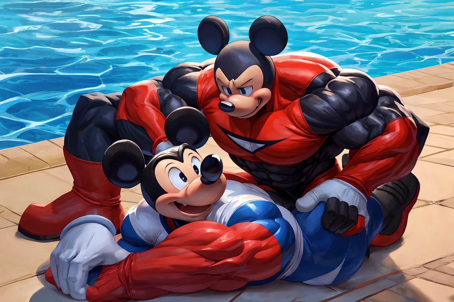 Highest quality,8k,professional art,t0p0m1k1,Mickey Mouse,Imminent sexual activity,Huge erect penis,Huge muscles,Poolside,Crying face,Lots of drool,Rockman EXE patterned suit,Devil&#39;s Wings,Demon body and tail,