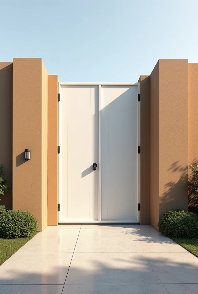 I have a 40-meter linear wall with a metal social gate painted white. (gate all closed, no air passage) and side columns painted in monkey brown, I need examples of designers for the wall, It has a thick roughcast texture painted in sand color, Give me photos of how I can improve the wall to make it more beautiful