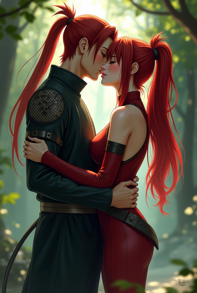 Shikamaru in his ninja outfit kissing a red-haired girl in a ninja outfit
