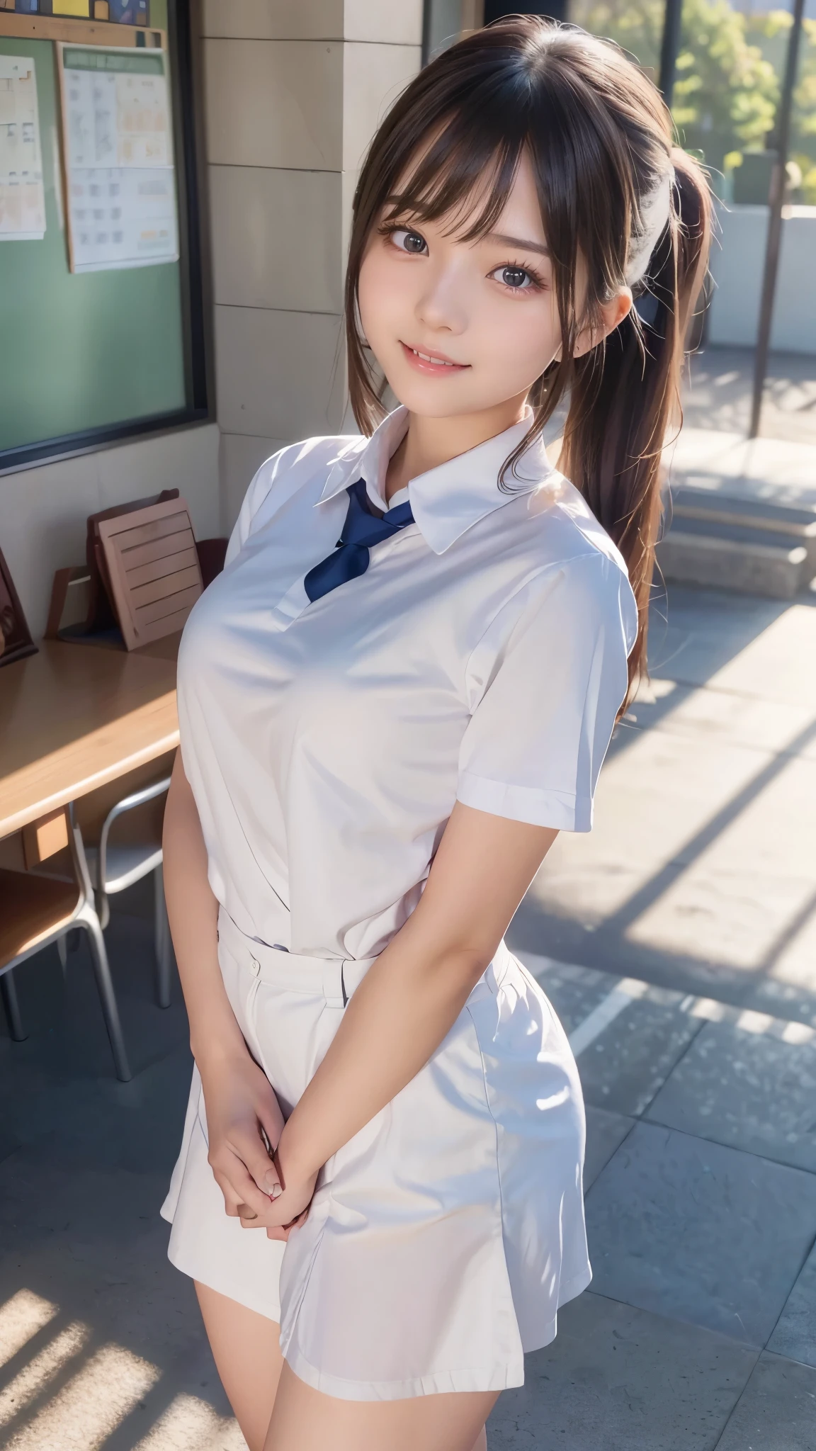 I'm a girl in a high school uniform, beautiful straight hair, ponytail, evil smile, (medium breasts), (looking viewer), beautiful face, (school emblem), beautiful eyes, realistic, ultra high resolution, 8K, 