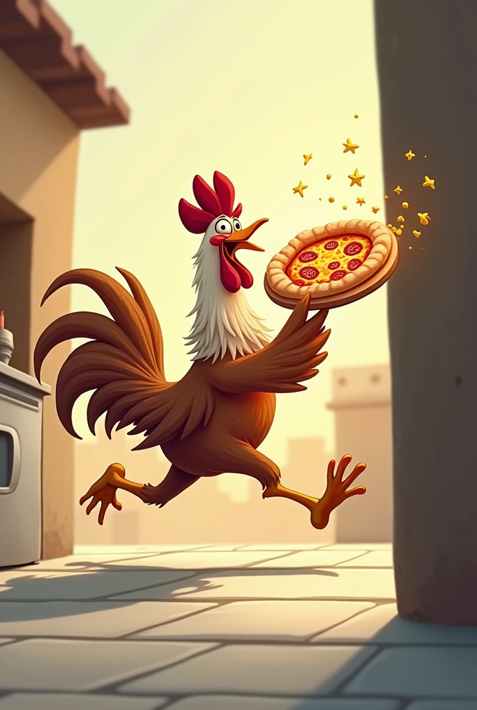 Chicken running away with a pizza