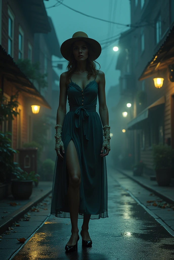 at mid night a scared woman standing in the street, 30 YO, 60s dressing style, wearing a hat, gown, floral gloves, high heels, (scared eyes, scared expressions), sweat on he face, intricate detailing of the background, maximize objects in the image, yocto-pixel detailing, yotta-pixel image