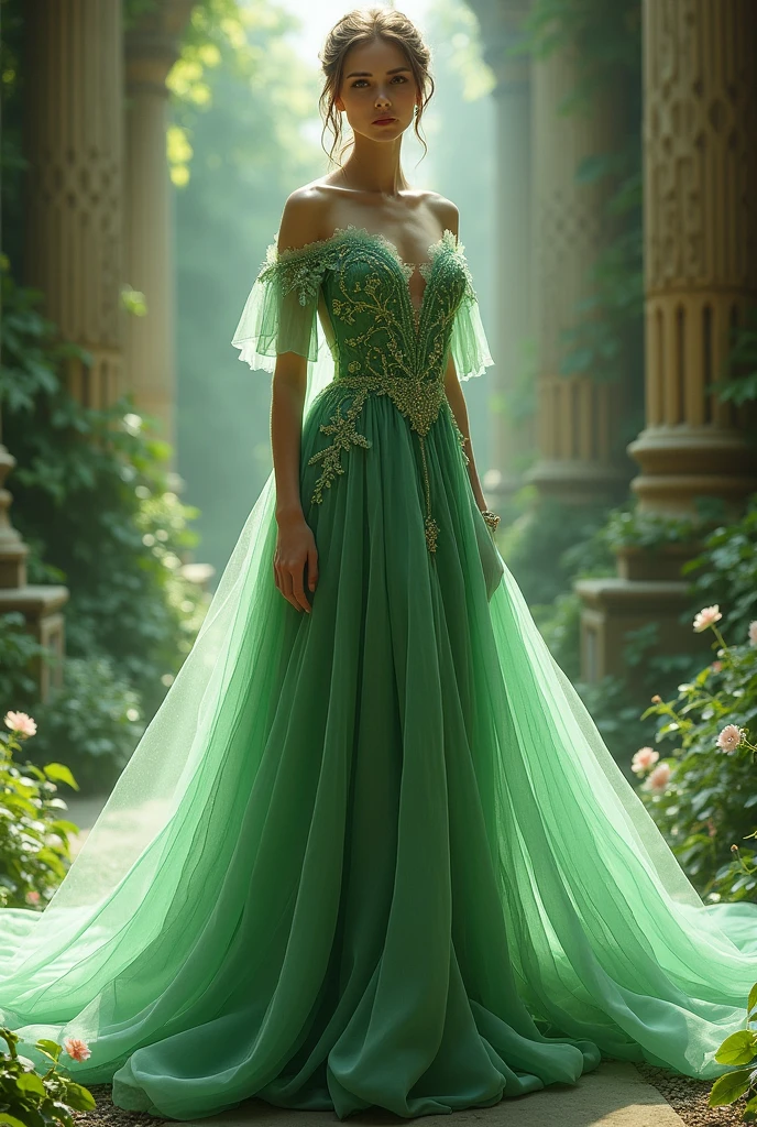 A divine and ethereal fancy green and elegant women's dress, very exquisite and elegant