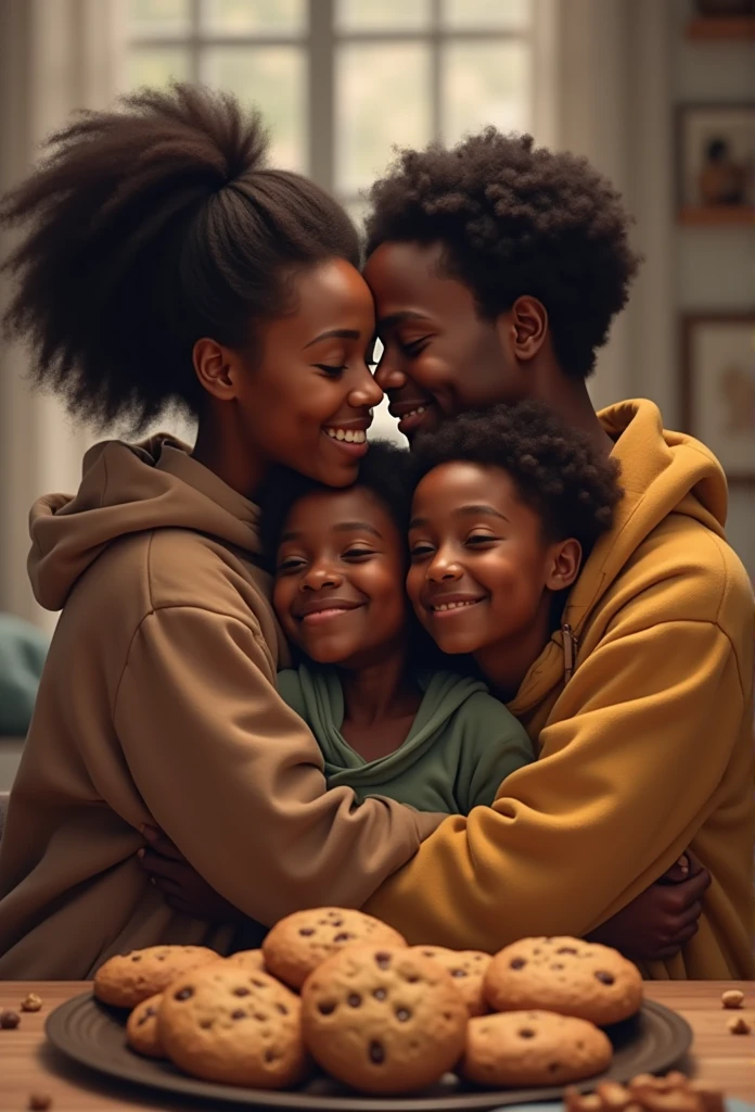 Black people hugging and in the foreground a table with cookies