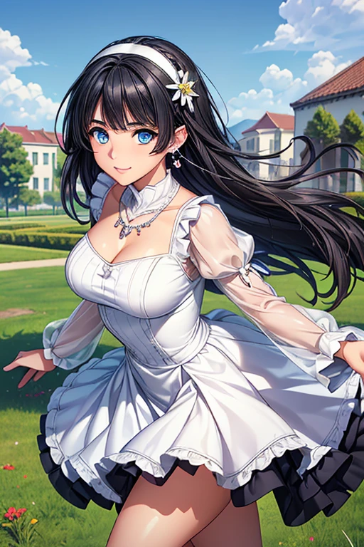 #Basics Girl posing for a photo, animeのcute少女, ((One Girl)), ((:1.5)), ((cute:1.5)), (()),
break
#Clothing Accessories
((Yellow lace and frill dress:1.2) : (High neck) + (Long sleeve) + (Ankle-length(Long Length)skirt)) + (White high heels) + (White headband) + (Red flower hair ornament),
((Blue gemstone earrings, Silver Necklace)),
break
#Features
((Black Hair:1.2)), ((Long side bangs)), ((Medium Hair) : Short Hair:0.8 + Voluminous Hair + Straight hair + Hair blowing in the wind),
((Big eyes:1.4)), ((blue eyes)),
(Small breasts),
(White skin),
break
#background environment
((noon, A large lawn dazzling with sunlight, blue sky)),
#Facial Expression Pose
((smile)), ((Stand strong with your arms outstretched)),
#composition
((Angle from the front)), ((Cowboy Shot)),
break
#Body parts elements
(Slim figure),
(Symmetrical facial features),
(Detailed Hair, Beautiful Hair, Shiny Hair),
(double eyelid, Long eyelashes, Thin eyebrows:0.5),
(Detailed eyes), (Beautiful Eyes), (Sparkling eyes), Glitter Eyeliner,
(Human Ear),
(Beautiful Nose, Thin Nose),
(Glossy Lips, Beautiful Lips, Thick lips),
(Detailed skin, Textured skin, Beautiful Skin, Oily skin),
break
#quality
(((最高quality)), ((masterpiece:1.3)), ((Very detailed))), ((Ultra-high resolution)), ((16K)), ((1080P)), ((Full HD)),
((Anatomically correct)), ((Realistic)), (3DCG), ((oil)),
((comics, anime)), (CG illustration), (RAW Photos),