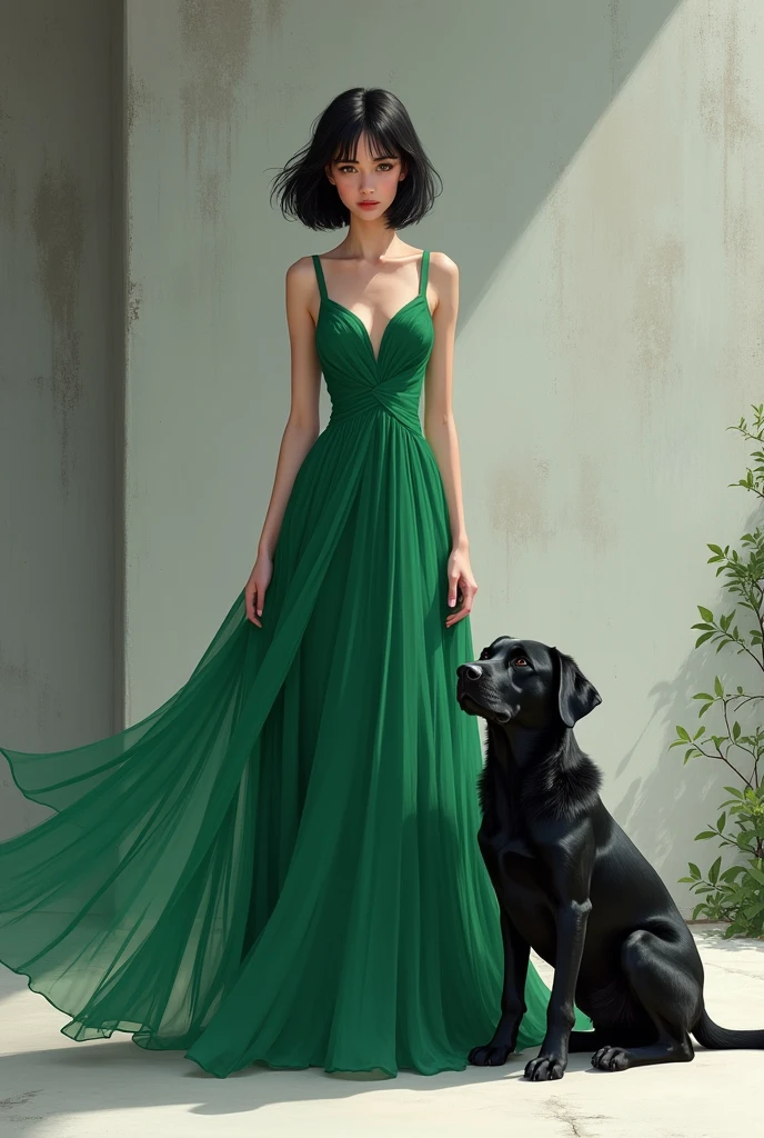 Create me a picture of a young woman in a green long dress which is the dicoltw concrete with shoulder length black hair green eyes and a black little dog