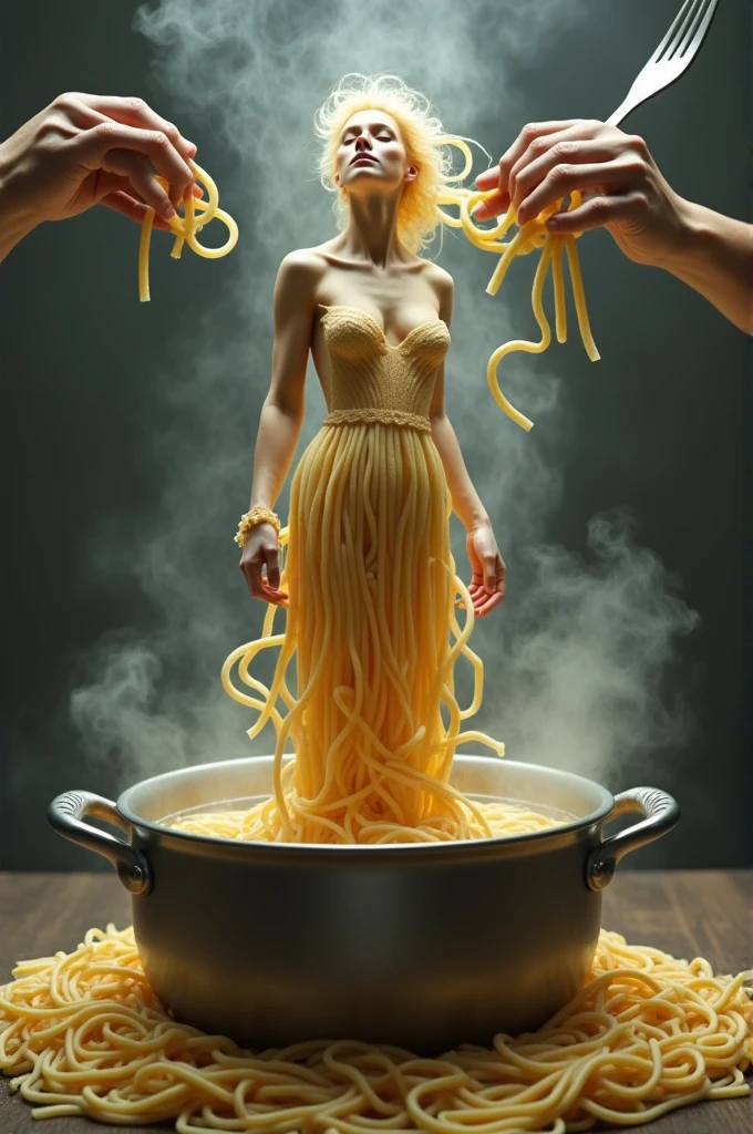 A surreal image of an elegant woman-shaped figure made of pasta strands being cooked into spaghetti in a large boiling pot. The figure’s limbs gradually dissolve into long, thin spaghetti strands, as steam rises from the boiling water. The face of the figure slowly fades, blending with the pasta strands. Above the pot, giant hands appear, twirling the spaghetti with a large fork.
