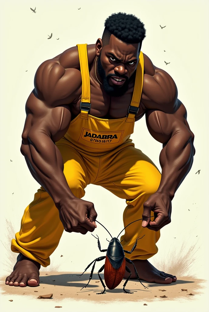 Create 5 powerful illustrations of a muscular African man pest controller in yello overall, with gumboots, crushing a cockroach. On the overall it's clearly written "JADABRA" and "0745151617" the man is directly staring at the cockroach. Be careful not to mistake each number of 0-7-4-5-1-5-1-6-1-7 each one of it should appear correctly