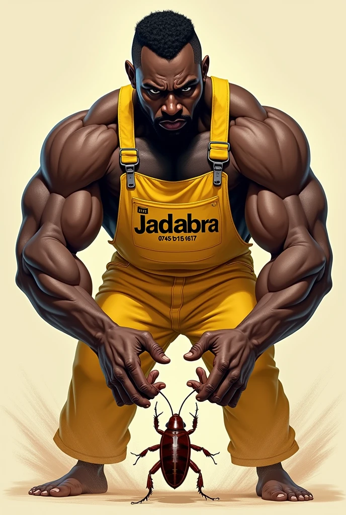 Create 5 powerful illustrations of a muscular African man pest controller in yello overall, with gumboots, crushing a cockroach. On the overall it's clearly written "JADABRA" and "0745151617" the man is directly staring at the cockroach. Be careful not to mistake each number of 0-7-4-5-1-5-1-6-1-7 each one of it should appear correctly