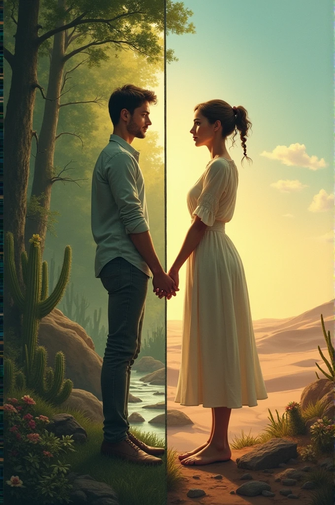 Two people holding hands. but, a line between the two hands and each different background. The woman's is a forest type and the man's is a desert type.