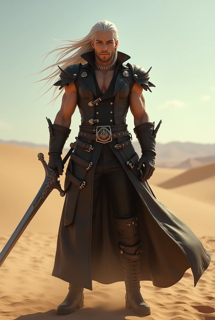 Sephiroth from Final Fantasy VII series wearing a cowboy attire while wielding his long sword as he stands in the dessert. Square Enix studios screencap.