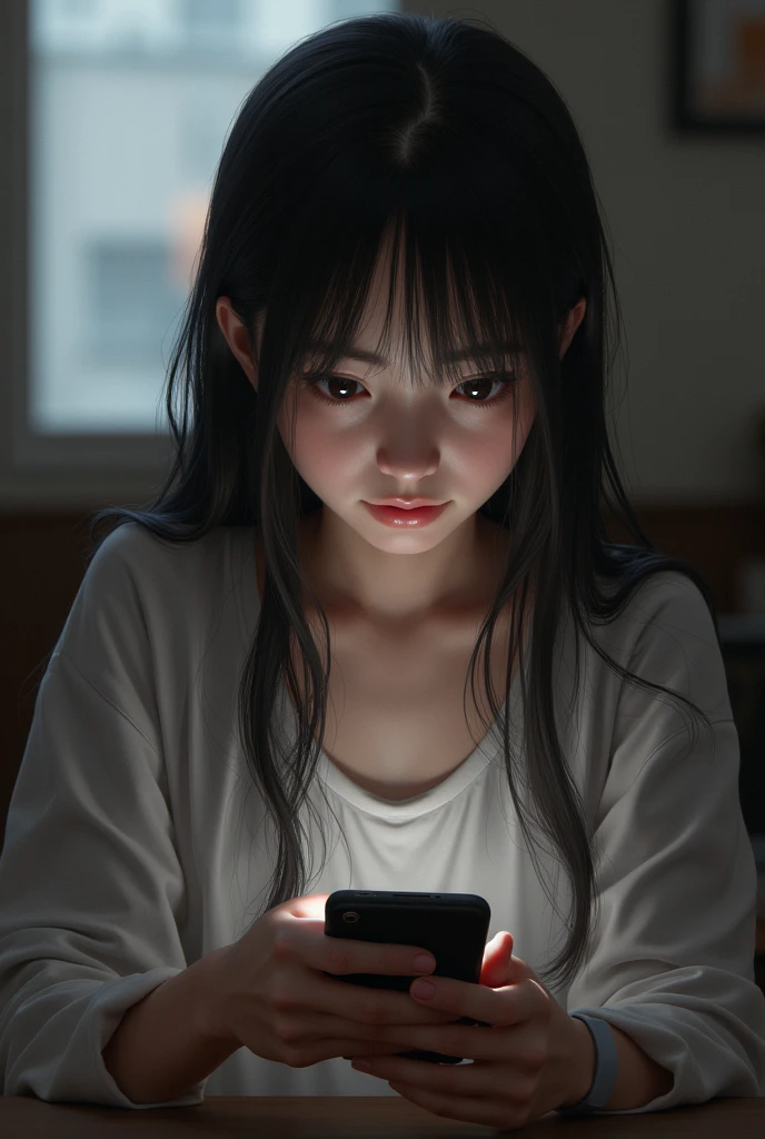 Girl with Japanese ancestry, long-haired, a little pale, distracted looking at the phone 