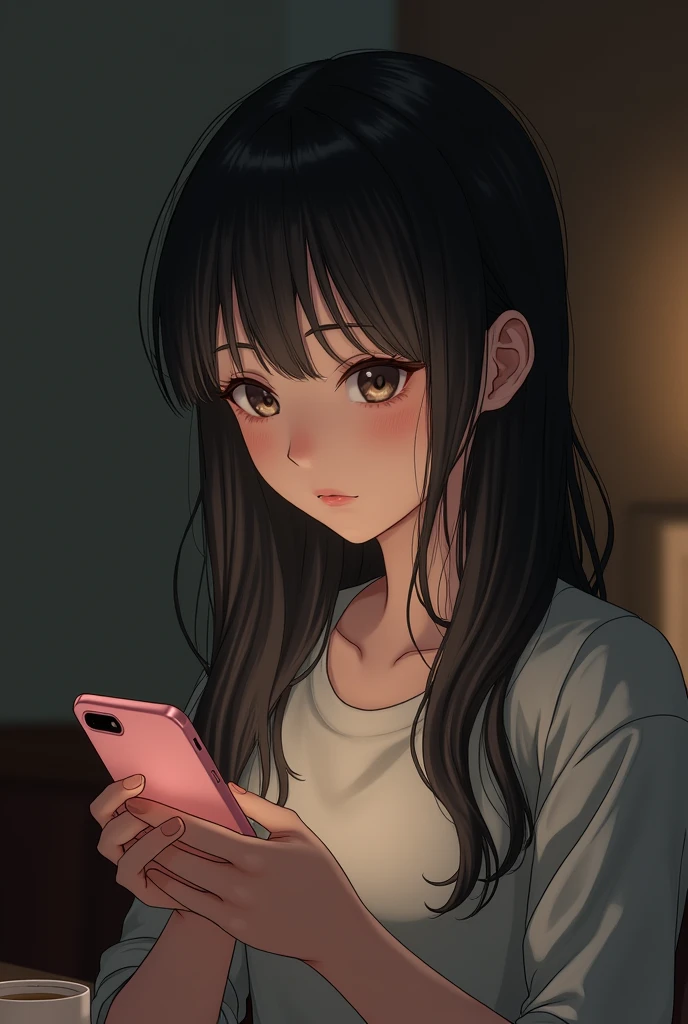 Girl with Japanese ancestry, long-haired, a little pale, distracted looking at the phone