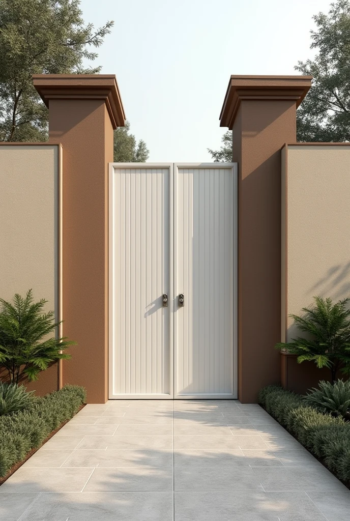 I have a 40-meter linear wall with a metal social gate painted white. (gate all closed, no air passage) and side columns painted in monkey brown, I need examples of designers for the wall, It has a thick roughcast texture painted in sand color, Give me photos of how I can improve the wall to make it more beautiful
