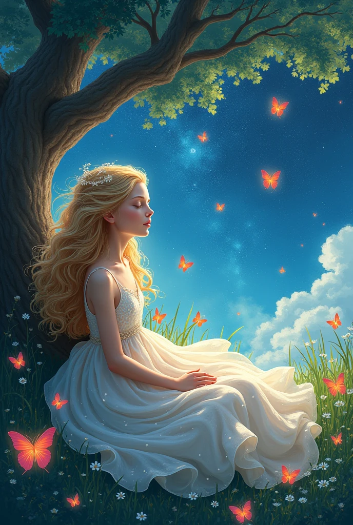 dreaming girl with blonde curly hair, Say what Cosmos, butterflies on green meadow, bright, großer brighter Baum, long dress made of stars, at night and galaxy,