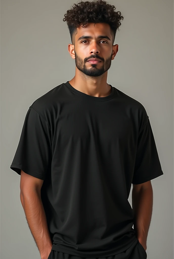 Young man. tall height. Head hair faded cut on the sides. Short top head hair. Hair type is curly. Loose black shirt covering the body. Regular sweatpants. On the face a patchy mustache and hair on the chin.