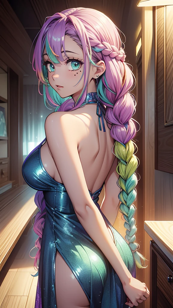 Beautiful sexy girl in a sexy blue-silver blue-lavender sequined party dress, brillante, elegante, big ass,MitsuriKanroji, Mitsuri Kanroji, braid, faded hair, (amaeyes, green, roso hair, long hair, topo,  mole under the eye, multicolored hair, pink hair, braids gemelas, Cabello bitono,
, looking at the viewer,
 (Masterpiece), The best quality, High resolution, Unity 8K Wallpaper, (illustration), (Beautiful detailed eyes), extremely detailed face, Perfect lighting, Extremely detailed CG, (perfect hands, perfect anatomy),