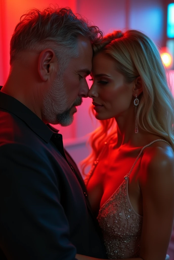 a beautiful blonde American woman, thin and buxom, wearing revealing clothing, kissing an older slightly chubby man, extremely detailed face and body, beautiful detailed eyes, beautiful detailed lips, high quality, photorealistic, dramatic lighting, vibrant colors, cinematic composition, romantic, sensual