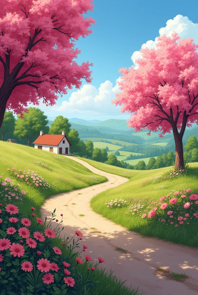 Countryside landscape with a road lined with pink ipês, green lawn and trees, floral flowers colorful, simple house in the background 