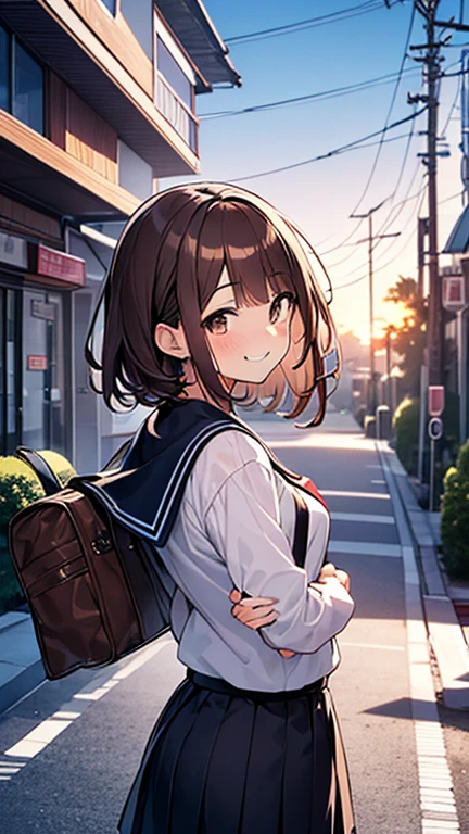 Let's think step by step,Highest quality、masterpiece、 Ultra-high resolution 、8k、Show anime style 、Soft Line Art、Digital Enhancement、 shojo anime touch, shojo manga core, Flowing fabric、Soft Drawing、 Ultra-Definition Digital Anime Art、 Clear facial depiction、Super detailed girl cartoon character art、 Ultra-detailed manga style、 Highest qualityの色、
1People Girls、(Brown hair short cut)、Beautiful brown hair、Perfect Face、Cute and symmetrical face、Shiny skin、Friendly face、Clear brown eyes、Slightly chubby、Small breasts、buttocks are small、(((Teasing Smile)))、High school girl in sailor suit、
On the way home from school、Back view、Clouds in the sky、Warm and soft sunset、A pleasant breeze blows、Beautiful hair blowing in the wind、happiness!