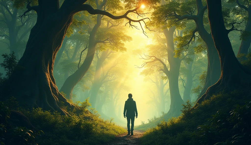 (best quality, masterpiece, ultra detailed), Fantastic forest footage: The protagonist stands in a fantastical forest.、wood々The light that shines through the gaps envelops him.。The figure is depicted searching for something in the forest.。The camera captures the beauty of the forest and the protagonist&#39;s struggles.。