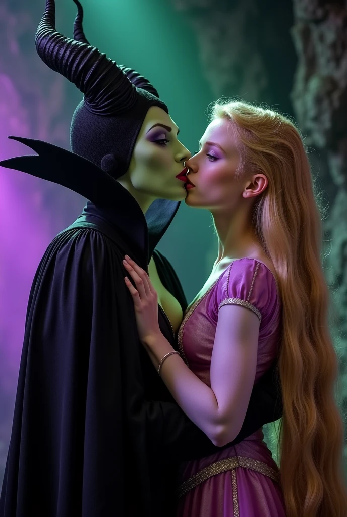 A stunning closeup portrait of Maleficent, she is kissing Rapunzel, she is fertile and wants to breed, location is dungeon interior, purple and green light, exposed breasts, powerful, pale eyes, Rapunzel is young and beautiful with long blonde hair to her feet, Maleficent is clutching Rapunzel’s neck, touching her breast, Rapunzel is nearly nude, Maleficent face is a natural colour, 