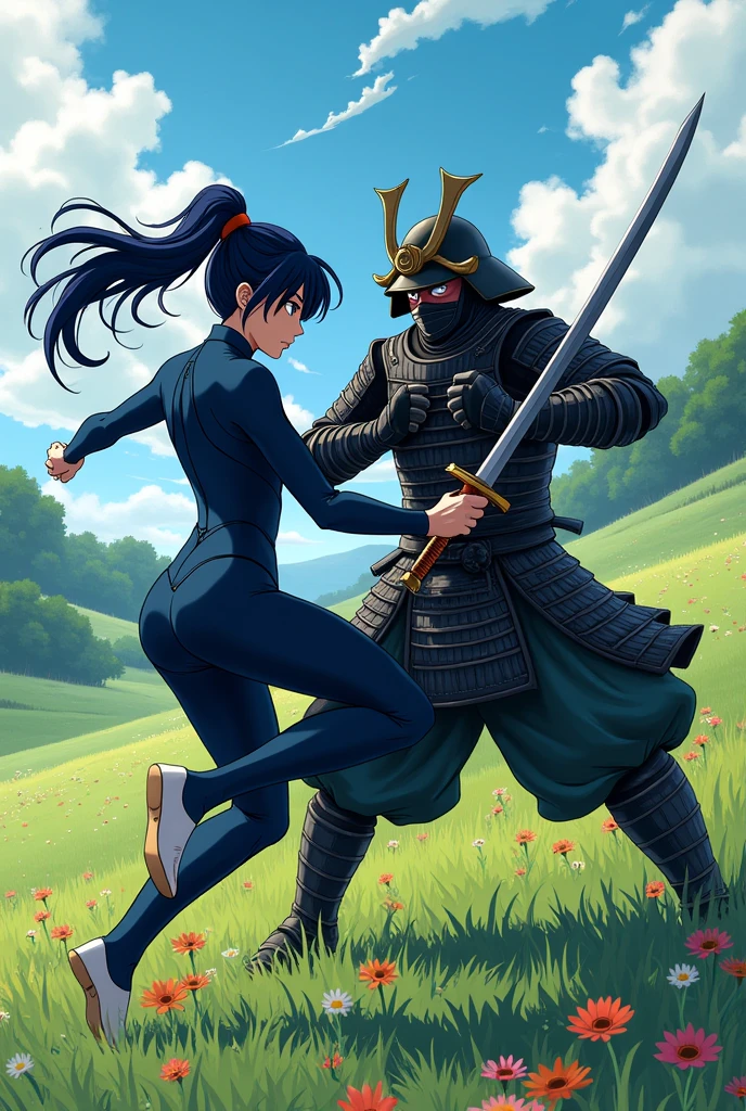 A ninja woman, Dark blue suit, black tipped hair, black mask dodging a samurai attack in a meadow, anime style