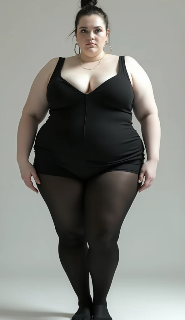 pale-skinned woman, big thighs, black dress and black tights, Full view