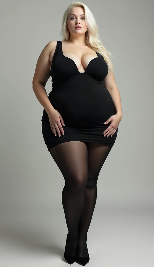 pale-skinned woman, big thighs, black dress and black tights, Full view