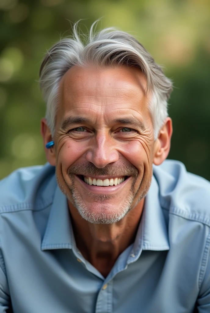 man wearing phonak hearing aid and happy, 4K